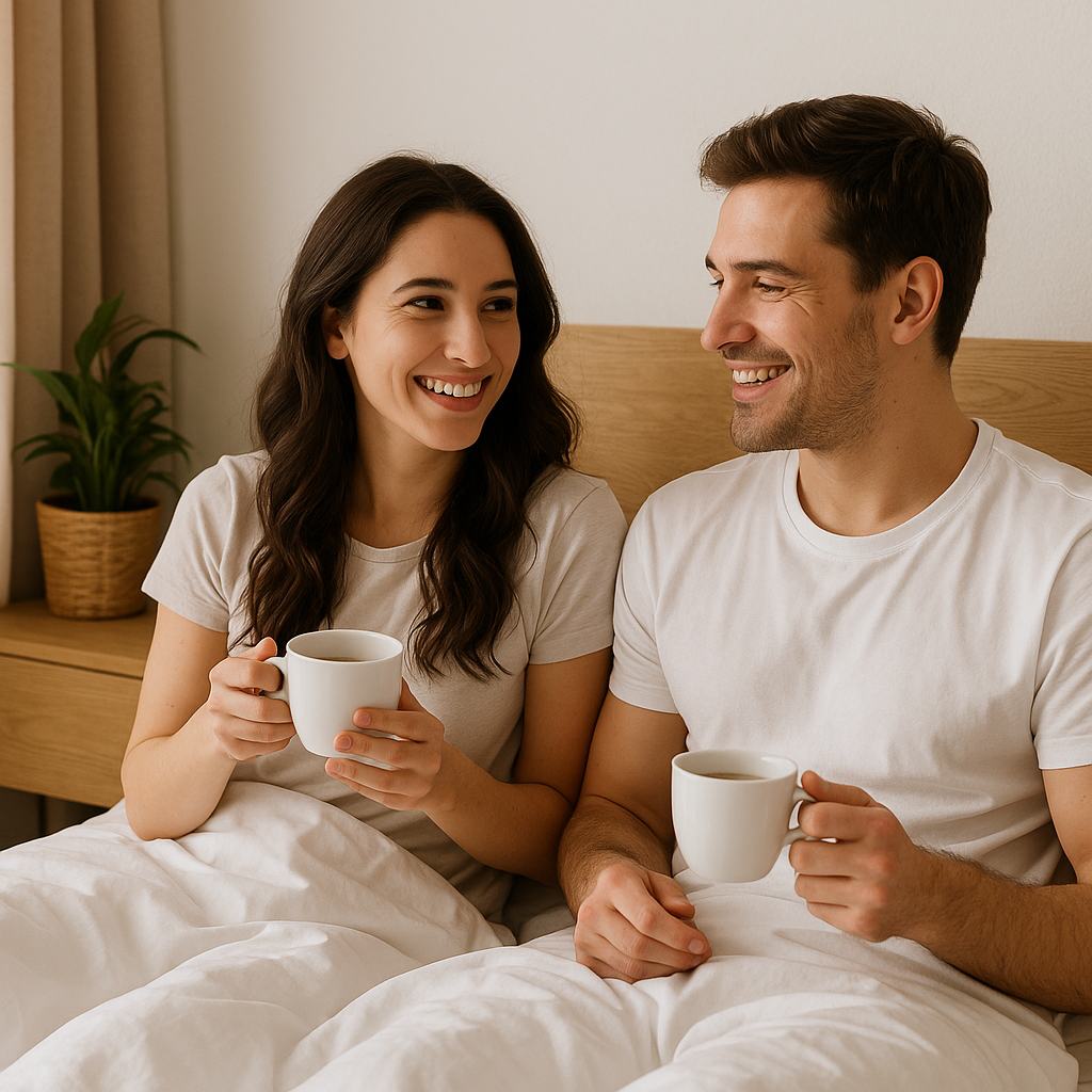 Uśmiechnięta para siedzi w sypialni na łóżku, trzymając filiżanki kawy. Poranny klimat, naturalne światło i przyjazna atmosfera wspólnego relaksu.