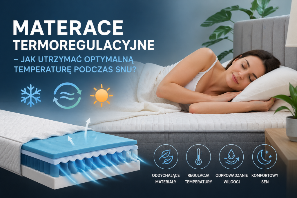 Materac termoregulacyjny – przekrój warstw z efektem chłodzenia i wentylacji zapewniający optymalną temperaturę snu